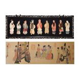 20th Century Oriental textile collage - Nine Oriental figures against a black background having
