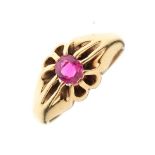 Yellow metal and ruby dress ring, with 'Gypsy'-set stone, size S, 6.6g gross approx