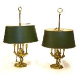 Pair of brass and toleware table lamps, each of four-light design, 57cm high