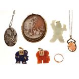 Assorted jewellery to include; shell cameo brooch, jade figure of a Chinese boy, two hardstone
