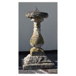 Composite stone sun dial on large square plinth, 84cm high