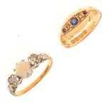 18ct gold and sapphire ring, Birmingham 1914, size M½, together with a yellow metal, opal and