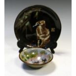 Oriental Studio pottery plate depicting a fledgling bird with seal mark front and rear, together