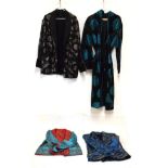 Four assorted mid 20th Century Chinese silk garments to include a robe with turquoise Shou motifs on