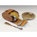 Pair of George V dressing brushes in travelling case, Birmingham 1912/1913, George V hand mirror,
