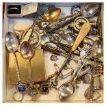 Assorted souvenir teaspoons, cigarette case, button hooks, thimble, eternity ring etc
