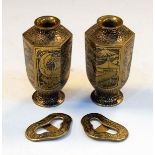 Pair of early 20th Century Japanese miniature engraved brass vases of hexagonal baluster form