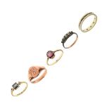 Five various gold and yellow metal rings comprising: 9ct rose gold signet ring, 9ct and diamond full
