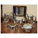 Selection of 20th Century silver-plated ware to include; five piece tea service, cased fish