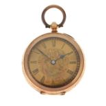 Continental lady's yellow metal open faced fob watch, gilt Roman dial with engraved centre, back-