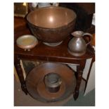 Assorted metalwork to include a cream-skimming bowl, punch bowl, harvest measure, pail etc