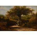 English School (Second quarter 19th Century) - Oil on board - Two figures on a country track, one on