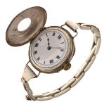 Early 20th Century lady's silver-cased wristwatch of 'Half Hunter' design with blue enamel Roman