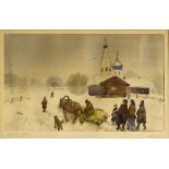 Russian School (20th Century) - Watercolour - Winter snow scene with figures, horse and sledge