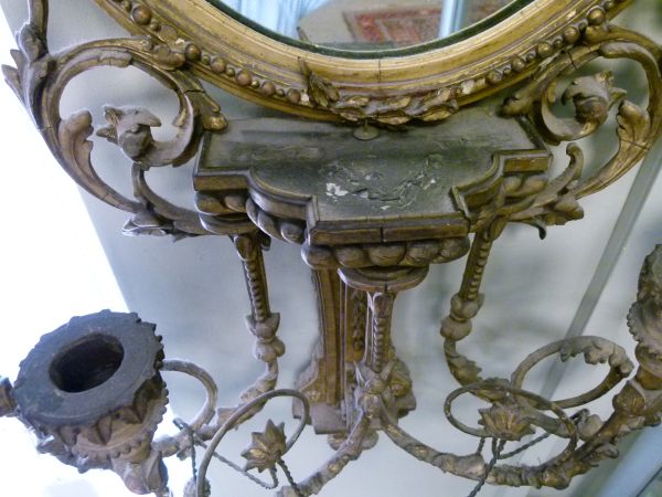 19th Century giltwood and gesso girandole wall mirror, the plain oval plate beneath urn surmount - Image 7 of 10