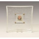 Bertil Vallien for Kosta Boda, - 'Headman' square glass dish, with central copper mask and