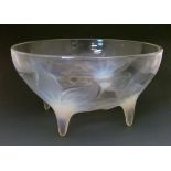 Lalique opalescent glass 'Lys' pattern bowl, of hemispherical form with four moulded flowerheads