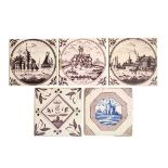 Five assorted 18th Century delftware pottery tiles, each hand-painted in manganese (one also blue)