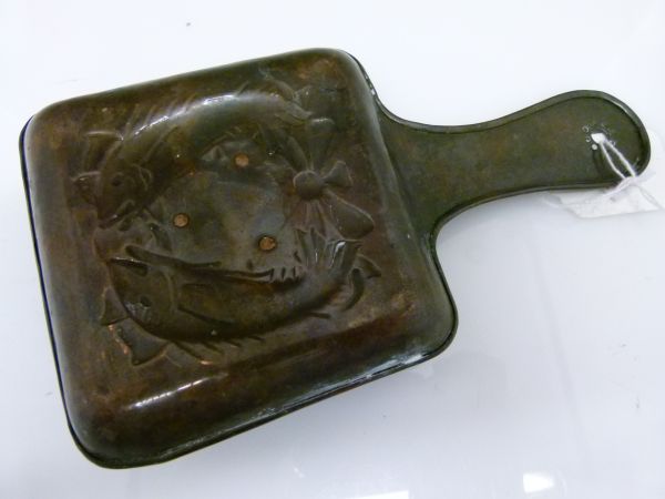 Newlyn copper chamber candlestick, having embossed decoration of two stylised fish and stamped - Image 6 of 9