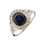 Sapphire and diamond ring, with various marks, the oval cut sapphire approximately 7.8mm x 6.6mm x