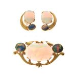 Black opal and opal brooch and earrings set, stamped '22ct' and 'E.H. Staines', probably Australian,