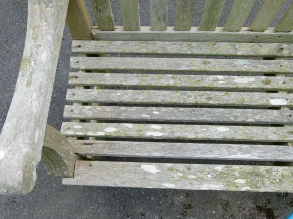 Mid 20th Century weathered teak garden bench, the back rail carved with verses from 'God's Garden' - Image 3 of 9