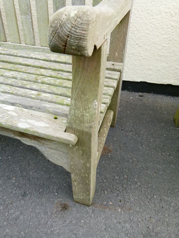 Mid 20th Century weathered teak garden bench, the back rail carved with verses from 'God's Garden' - Image 9 of 9