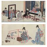 Two Japanese woodblock prints, each of sectional form with central vertical fold, the first