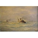 20th Century English School, - Oil on canvas - 'Crossing the Bar', a paddle steamer in a stormy sea,