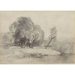 Attributed to John Sell Cotman (1782-1842), - Pencil drawing - Trees on a riverbank with moored