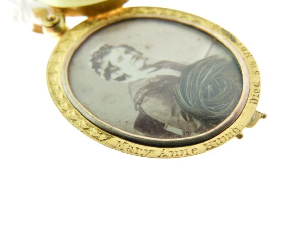 Victorian gold locket, with applied black enamel monogram, swing open action, containing a - Image 7 of 7