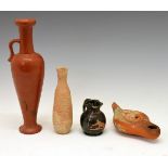 Antiquities - Four items of pottery comprising a glazed terracotta bottle vase of tapering slender