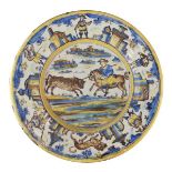 18th Century Spanish Talavera faience charger or dish, decorated in blue, yellow, brown and