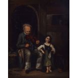 19th Century Continental School - Oil on metal panel - Rustic scene with elderly gentleman playing a
