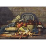 19th Century English School, - Oil on canvas - The Making of an Apple Pie, still life with