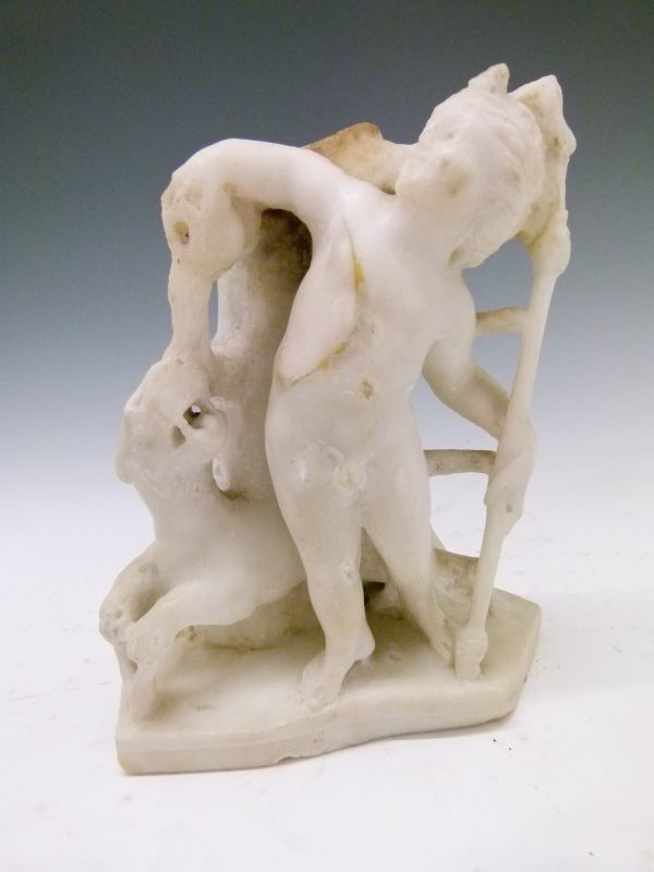 Antiquities - Carved white marble figure of Eros, modelled in standing pose holding a staff in his - Image 2 of 9