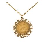 1893 sovereign, in a 9ct gold pendant mount, on a 9ct gold chain, 15.5g gross Condition: **General