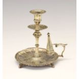 Victorian silver chamber candlestick, having engraved decoration and scroll handle, standing on four