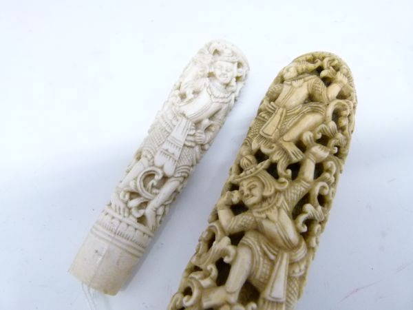 Two 19th Century Indian carved ivory handles, the longer possibly from a sword or staff, the shorter - Image 6 of 7