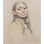 Ralph Cusack (1912-1965), - Pencil and crayon drawing - Portrait of a lady having long dark hair,