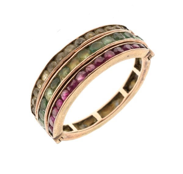 Day and night eternity ring, unmarked, the ring set with emeralds to one half, sapphires the