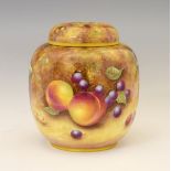 Royal Worcester porcelain fruit-painted ginger jar, decorated with apples, grapes, raspberries,