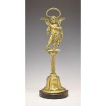 19th Century brass door porter or doorstop, modelled as Cupid holding his bow on a pedestal base,