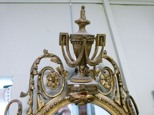 19th Century giltwood and gesso girandole wall mirror, the plain oval plate beneath urn surmount - Image 8 of 10