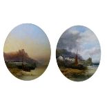 Attributed to Sarah Louise Kilpack (1839-1909) - Pair of oval oils on board, both village harbour