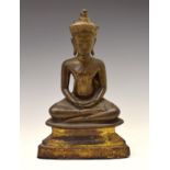 Thai or Burmese bronze-clad and parcel-gilt figure of the Buddha, seated cross-legged in