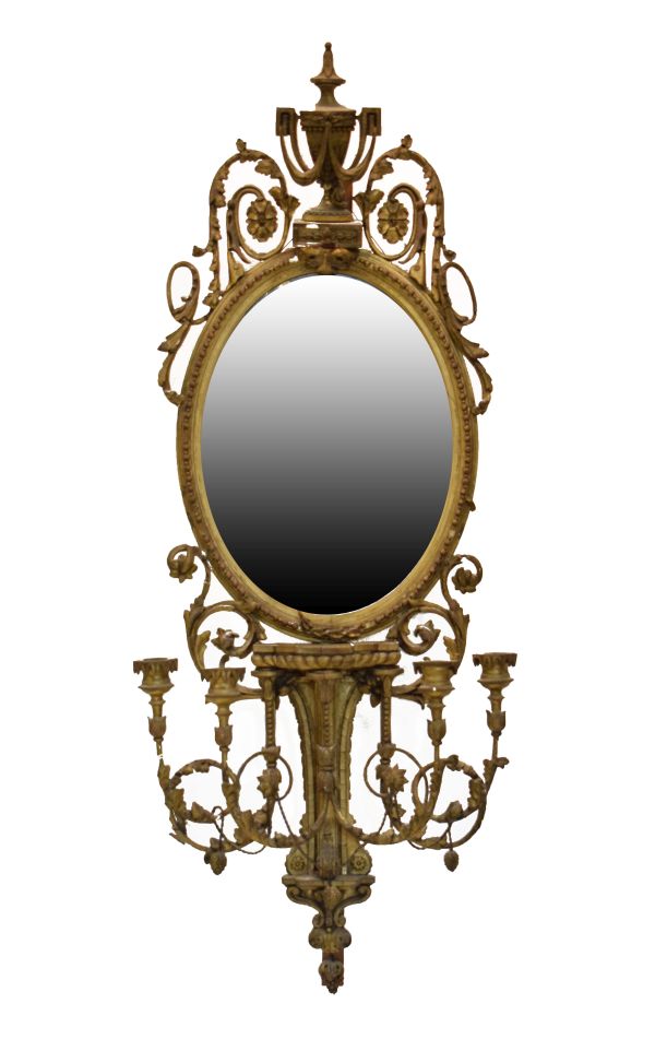 19th Century giltwood and gesso girandole wall mirror, the plain oval plate beneath urn surmount