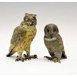Two early 20th Century cold-painted bronze figures of owls, the larger retaining much original