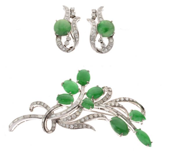 Jade and diamond brooch and earring set, the spray brooch set with eight jade cabochons and set with