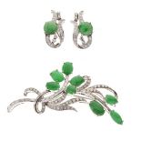 Jade and diamond brooch and earring set, the spray brooch set with eight jade cabochons and set with